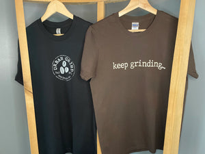 keep grinding logo Tess t-shirts brown black